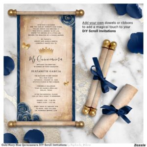 Gold Navy Blue Quinceanera DIY Scroll Invitations