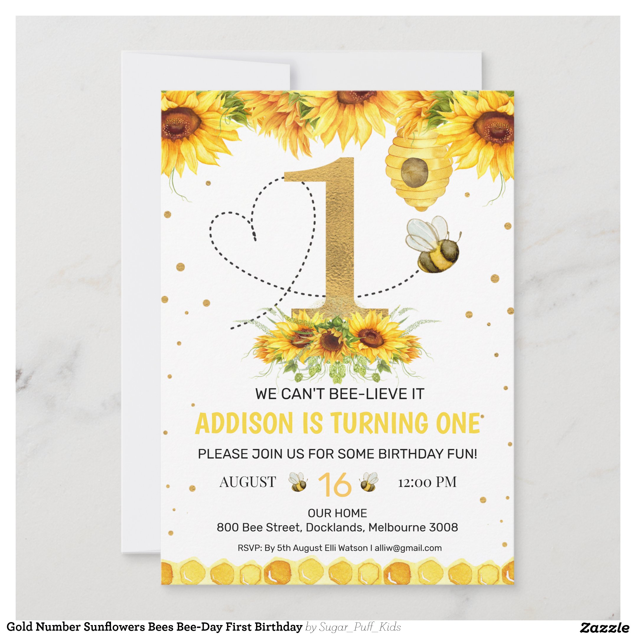 Gold Number Sunflowers Bees Bee-Day First Birthday Invitation