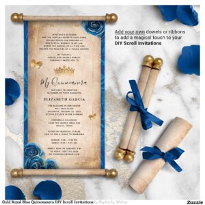 Gold Royal Blue Quinceanera DIY Scroll Invitations