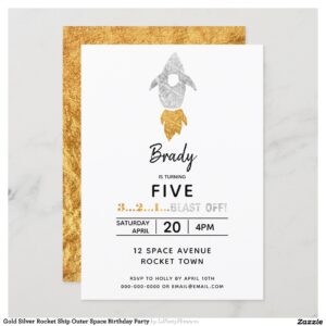 Gold Silver Rocket Ship Outer Space Birthday Party Invitation