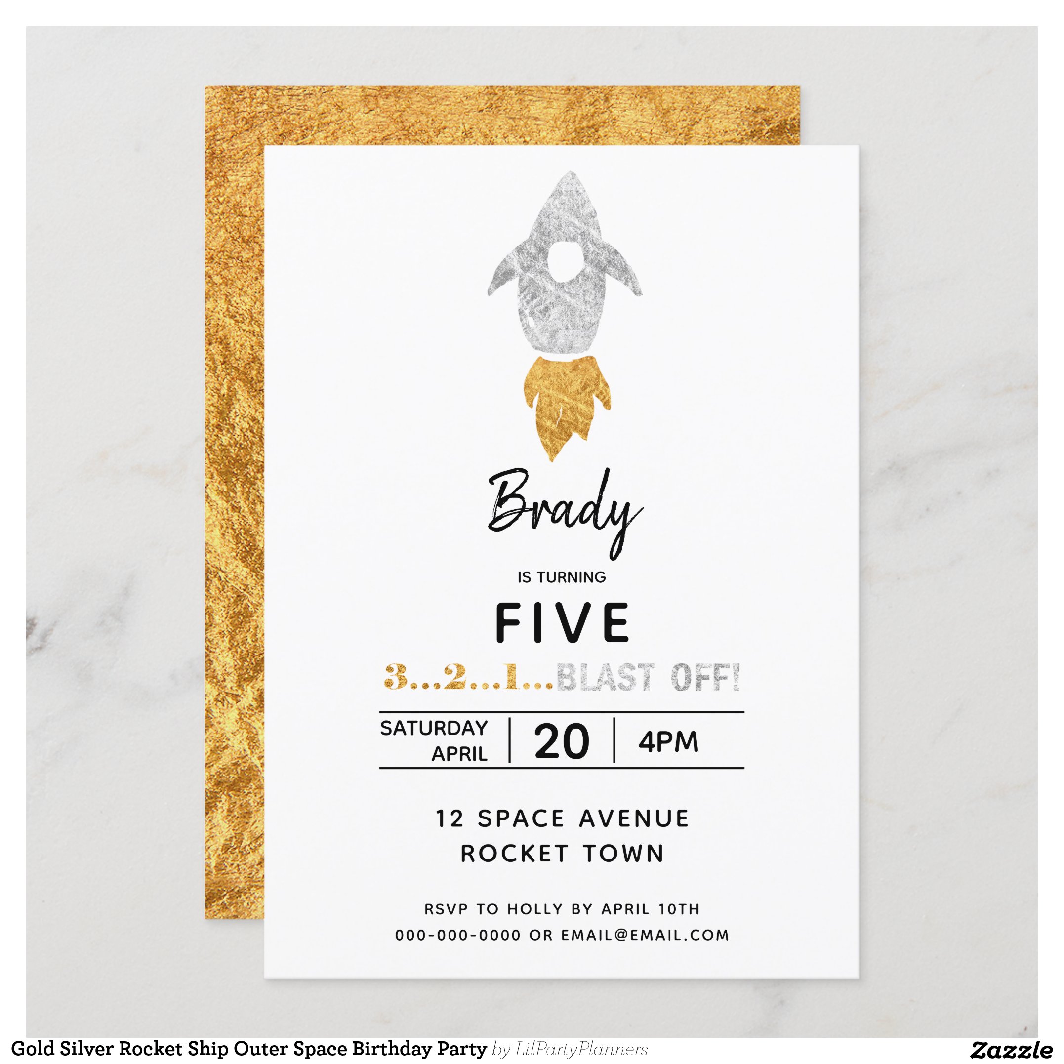 Gold Silver Rocket Ship Outer Space Birthday Party Invitation