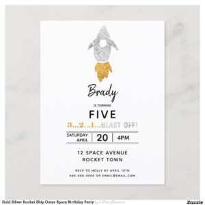 Gold Silver Rocket Ship Outer Space Birthday Party Invitation Postcard
