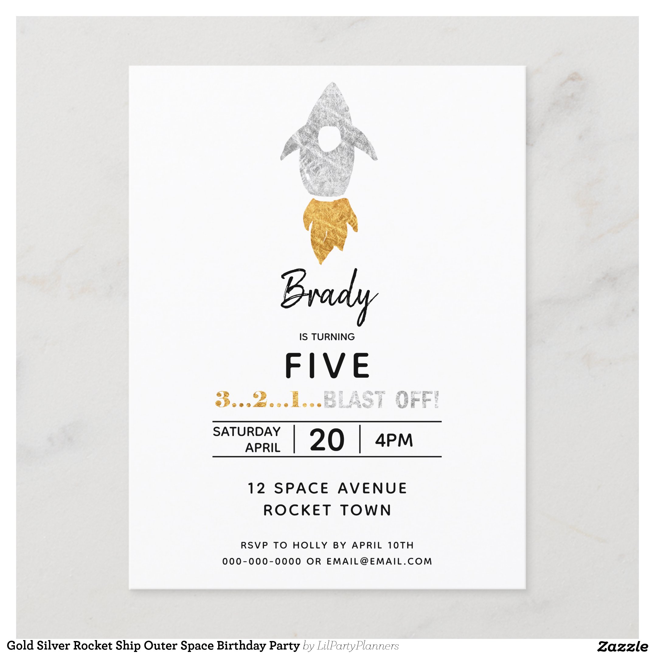 Gold Silver Rocket Ship Outer Space Birthday Party Invitation Postcard