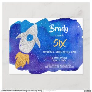 Gold Silver Rocket Ship Outer Space Birthday Party Invitation Postcard