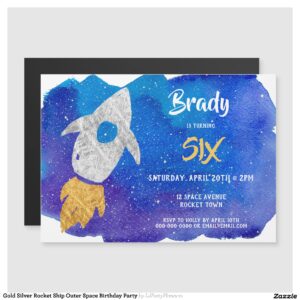 Gold Silver Rocket Ship Outer Space Birthday Party Magnetic Invitation