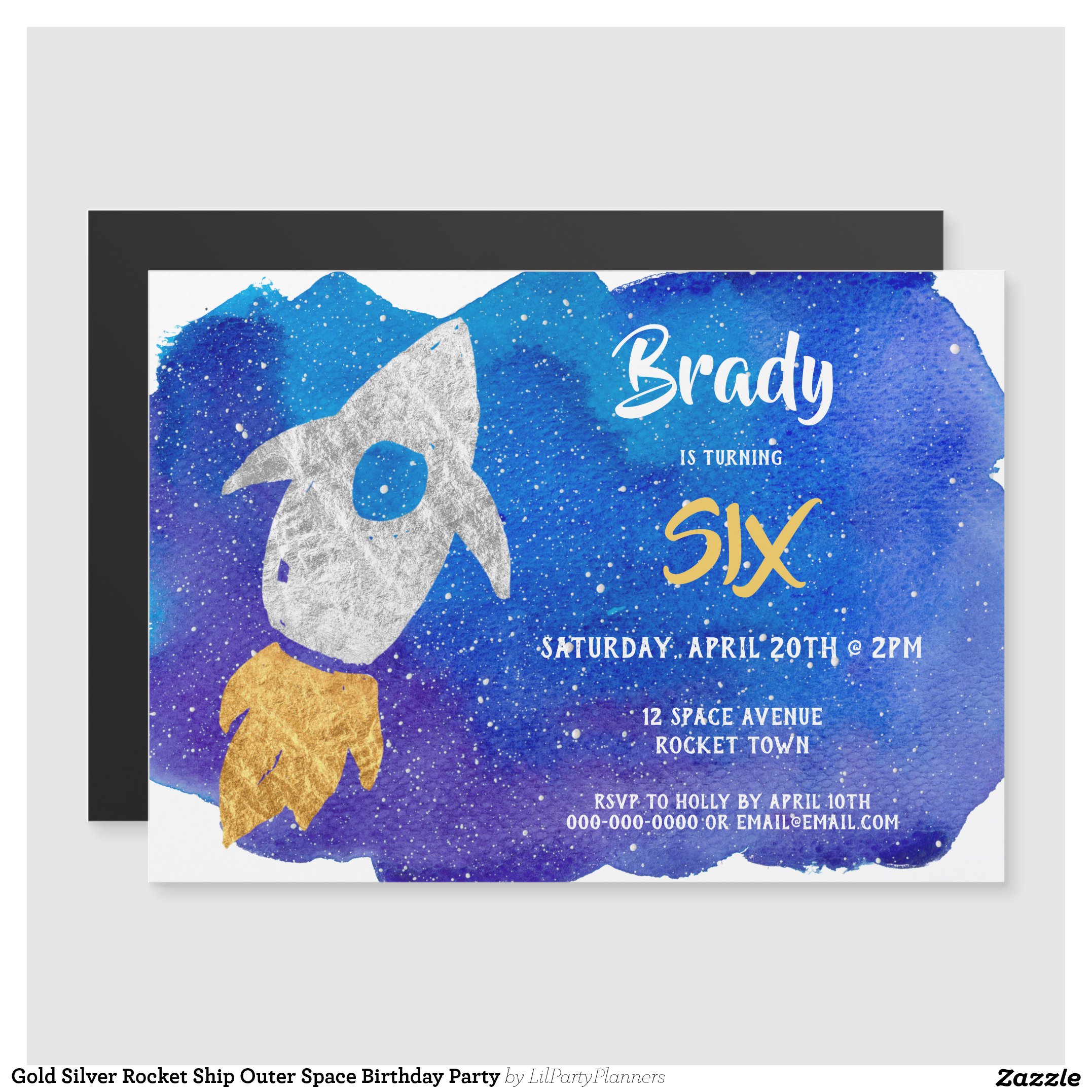 Gold Silver Rocket Ship Outer Space Birthday Party Magnetic Invitation