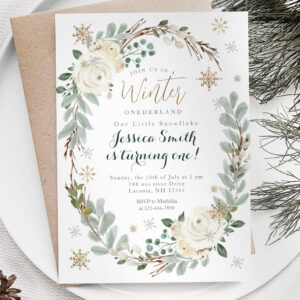 Gold Snowflakes Modern Forest Rustic Onederland Invitation