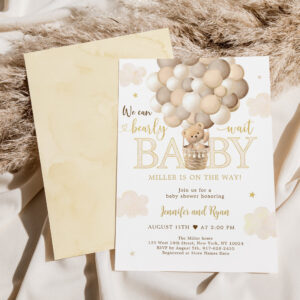 Gold Teddy Bear Hot Air Balloon Baby Shower Invitation