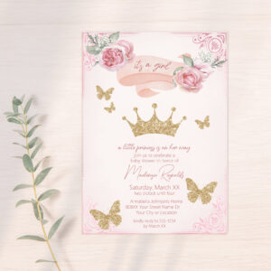 Gold Tiara & Butterflies Princess Baby Shower Invitation