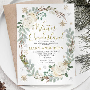 Gold Winter Snowy Onederland 1st Birthday Invitation