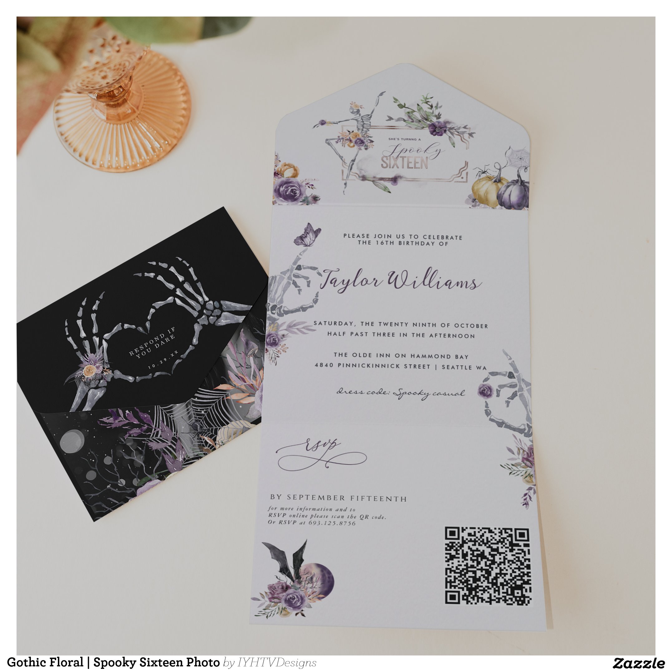 Gothic Floral Spooky Sixteen Photo All In One Invitation
