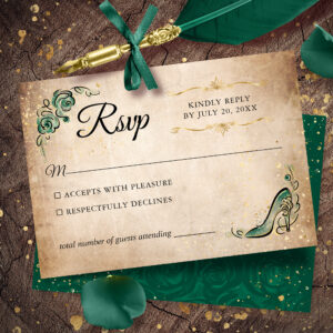 Green and Gold Princess Elegant Wedding RSVP Card