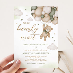 Green Bear Balloon Baby Shower Invitation