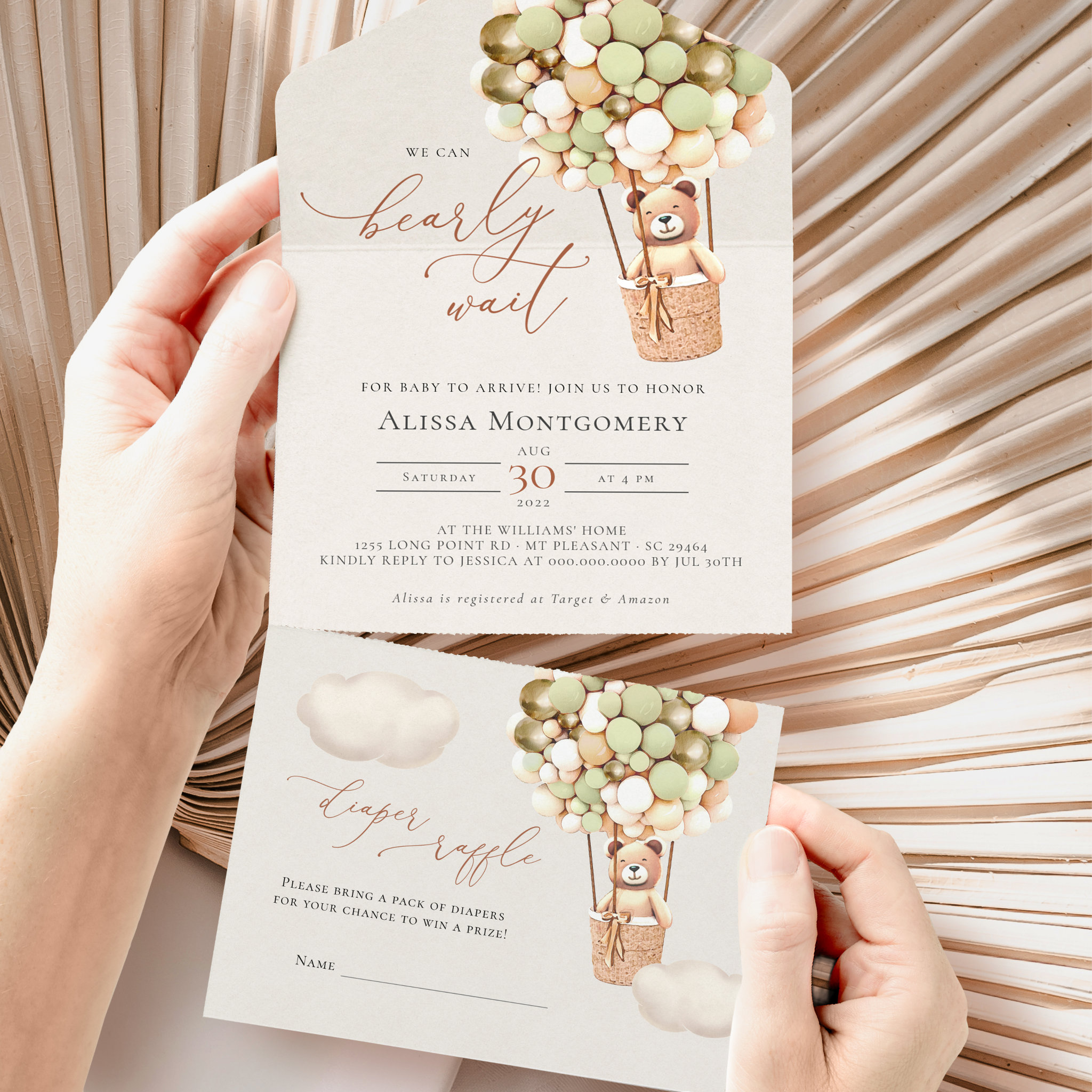 Green Gold Bear Balloons Baby Shower All In One Invitation