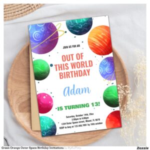 Green Orange Outer Space Birthday Invitations