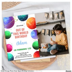 Green Orange Photo Outer Space Birthday Invitation