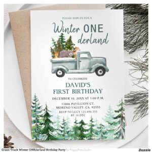 Green Truck Winter ONEderland Birthday Party Invitation