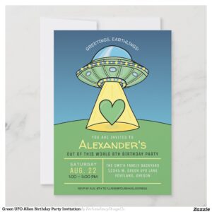 Green UFO Alien Birthday Party Invitation