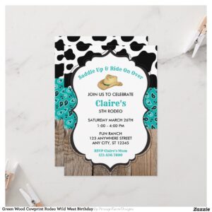 Green Wood Cowprint Rodeo Wild West Birthday Invitation