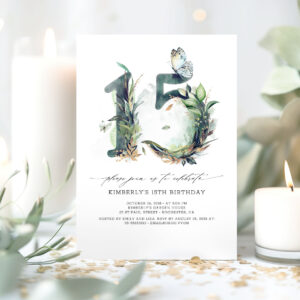 Greenery and Gold 15th Birthday Invitation