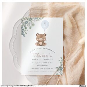 Greenery Teddy Bear First Birthday Neutral Invitation