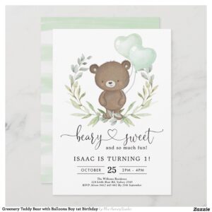 Greenery Teddy Bear with Balloons Boy 1st Birthday Invitation