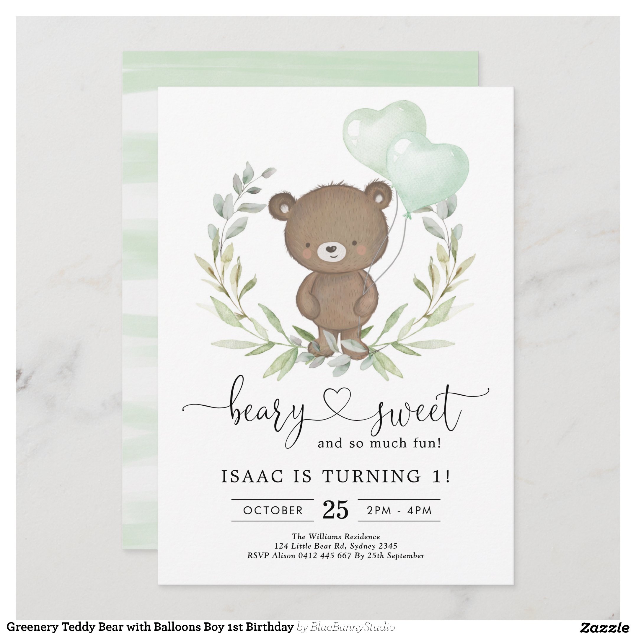 Greenery Teddy Bear with Balloons Boy 1st Birthday Invitation