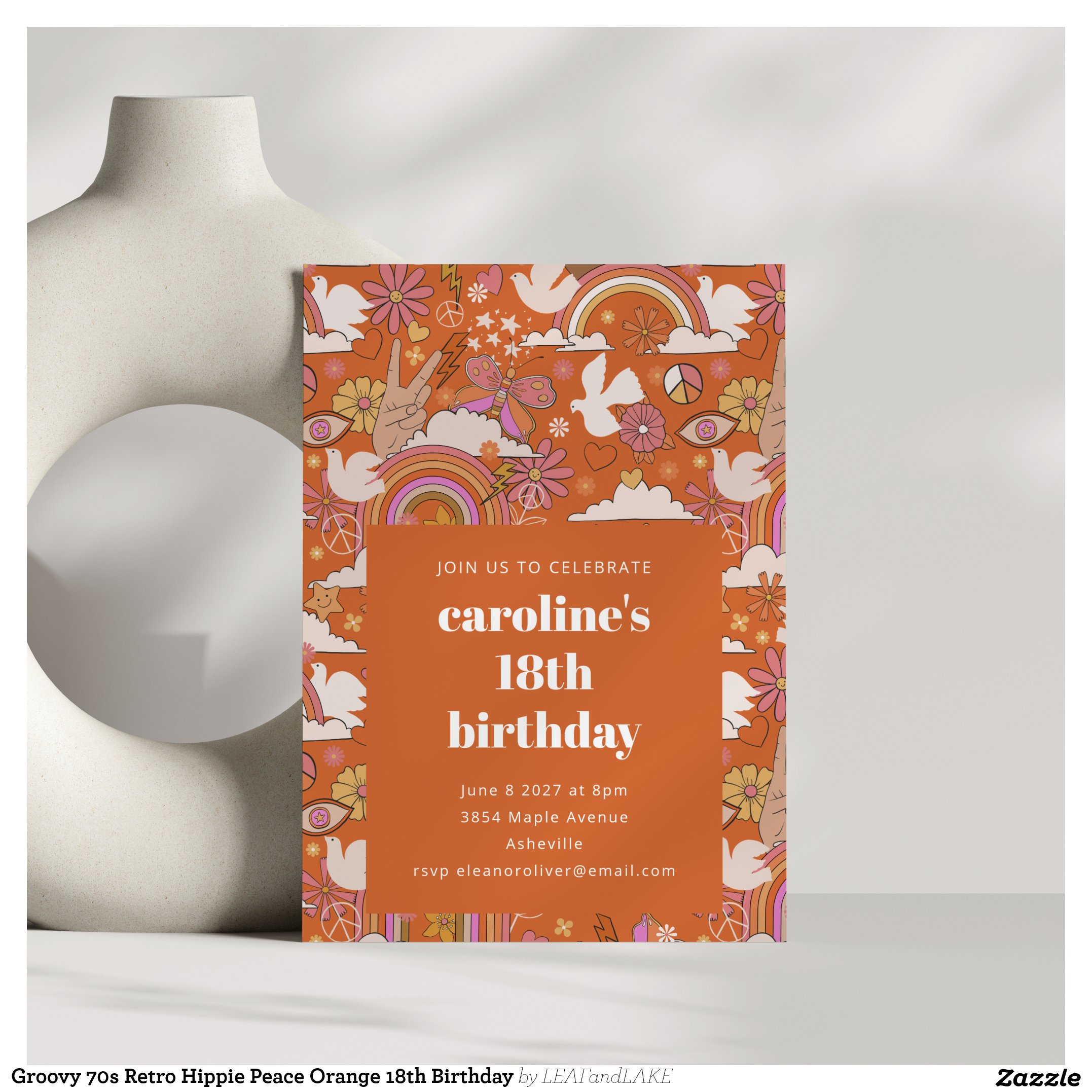 Groovy 70s Retro Hippie Peace Orange 18th Birthday Invitation