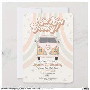 Groovy birthday party, 70s retro theme invitation