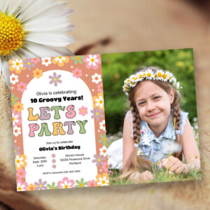 Groovy Daisies Hippie Photo Girl's Birthday Invitation