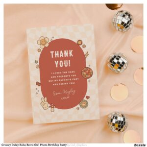 Groovy Daisy Boho Retro Girl Photo Birthday Party Thank You Card