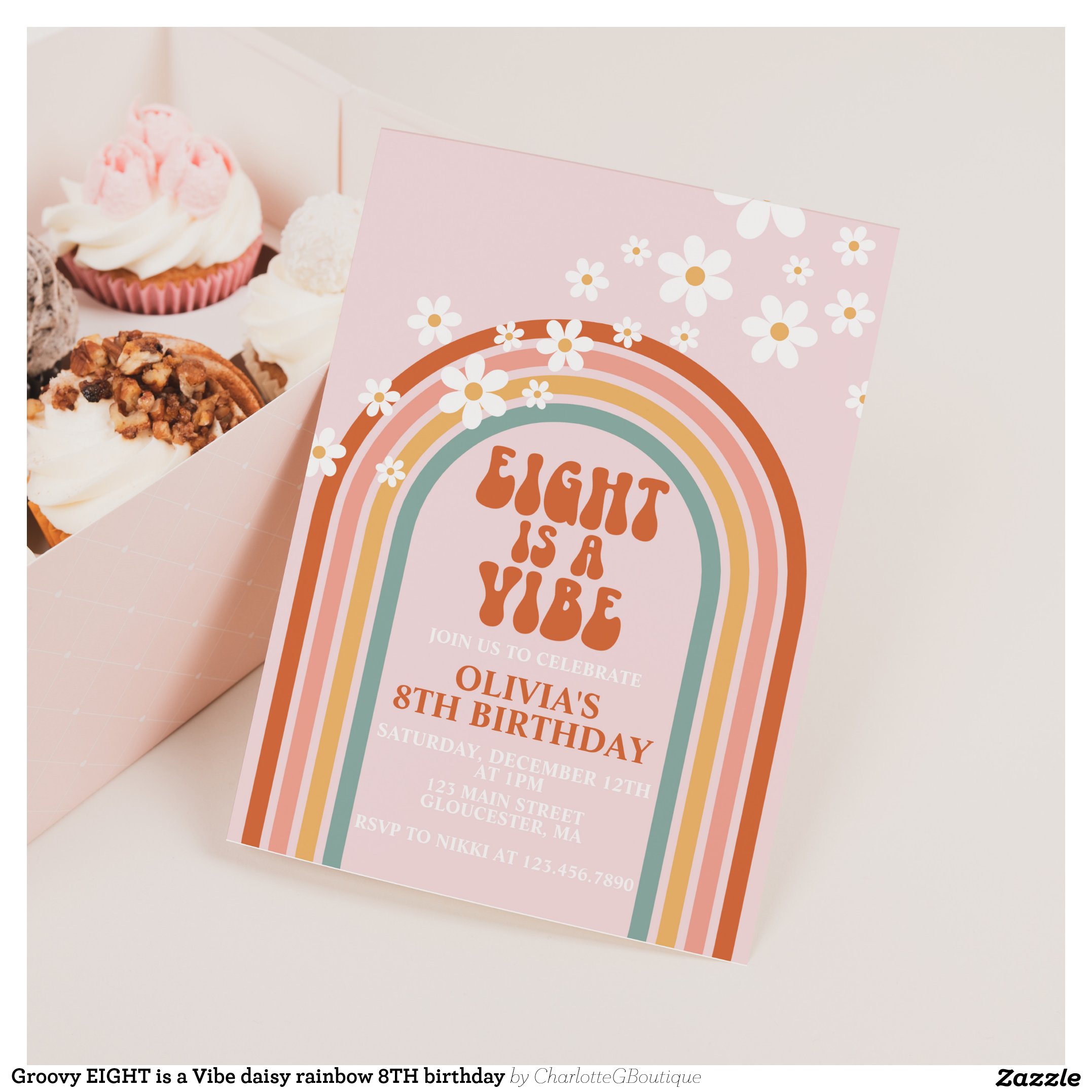 Groovy EIGHT is a Vibe daisy rainbow 8TH birthday Invitation