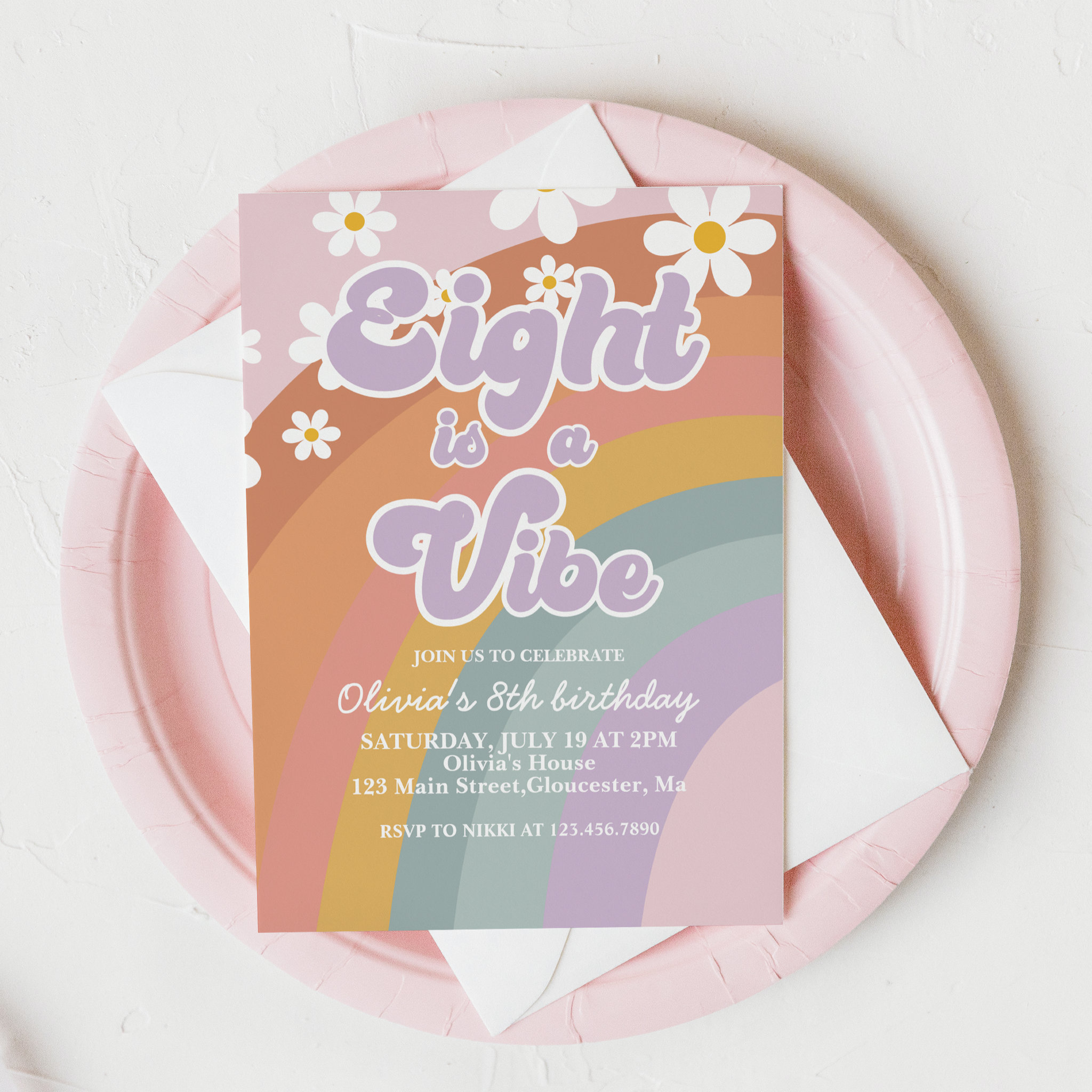 Groovy Eight is a vibe Retro Rainbow 8th Birthday Invitation
