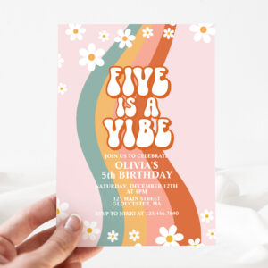 Groovy Five is a Vibe daisy rainbow 5th birthday I Invitation
