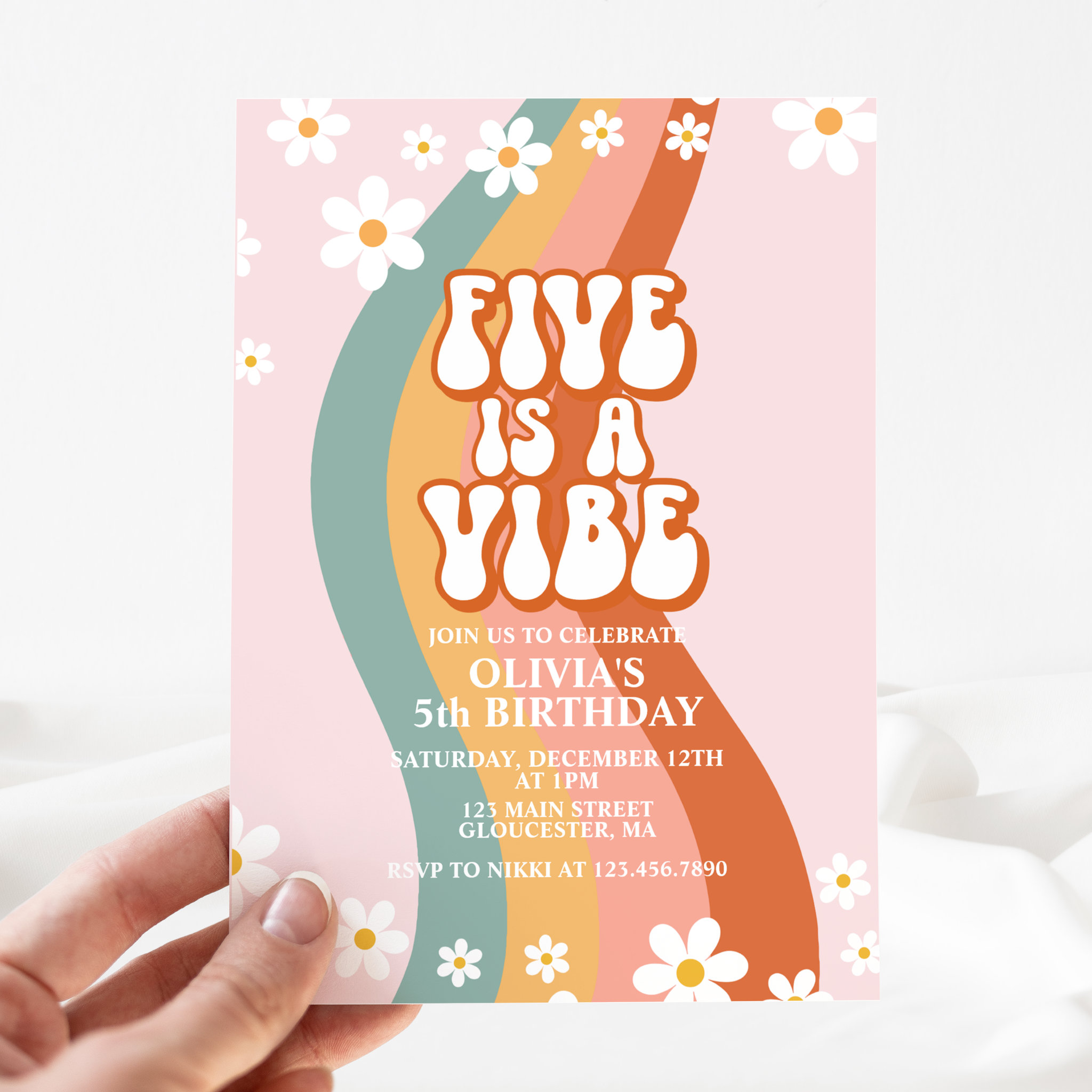 Groovy Five is a Vibe daisy rainbow 5th birthday I Invitation