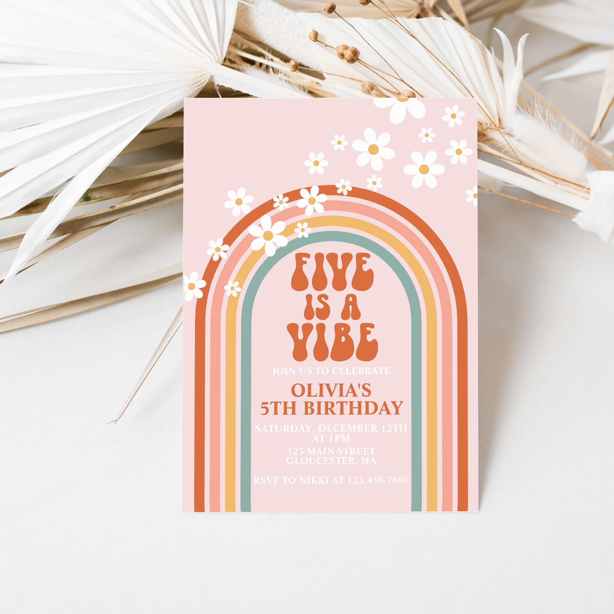 Groovy FIVE is a Vibe daisy rainbow 5TH birthday Invitation