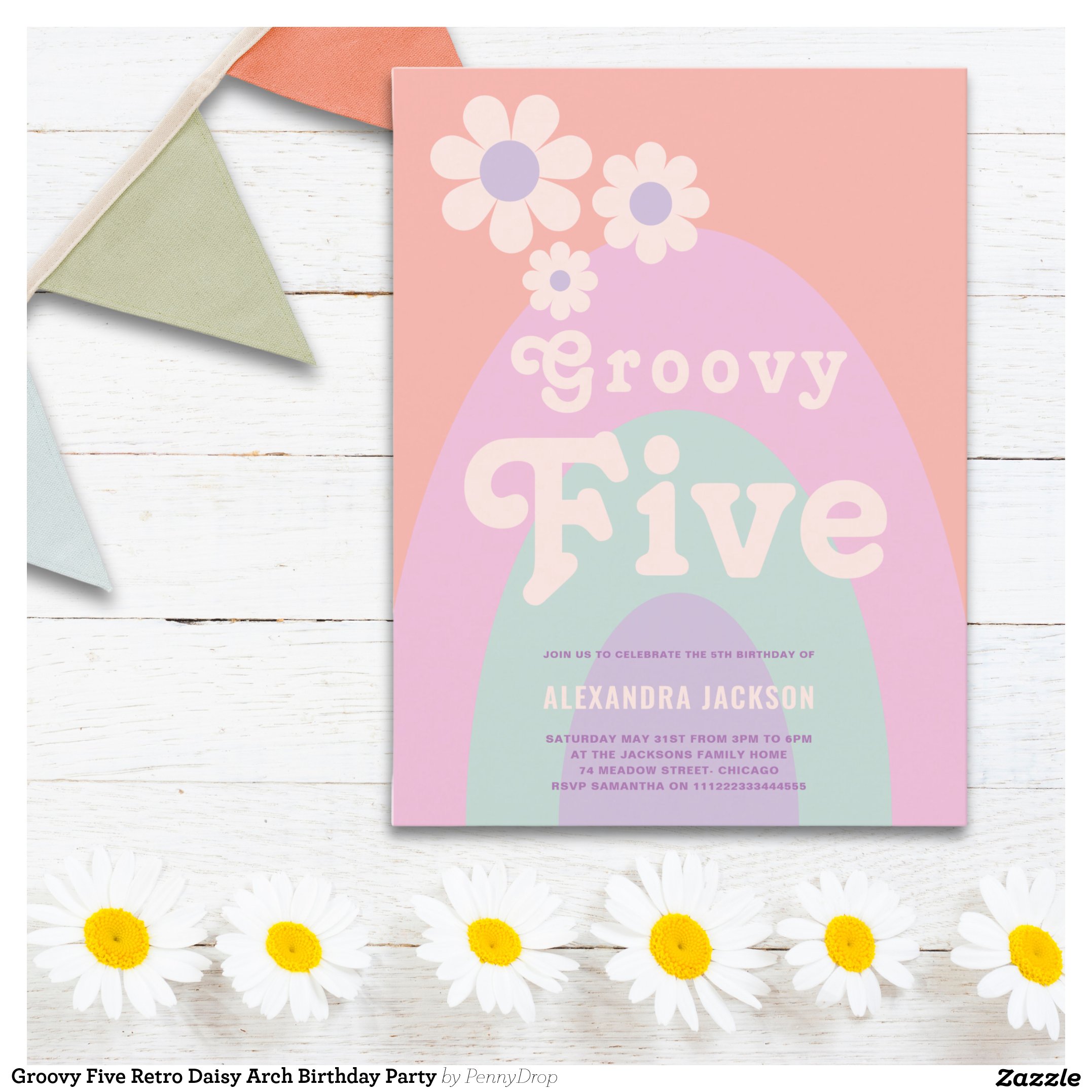 Groovy Five Retro Daisy Arch Birthday Party Invitation Postcard