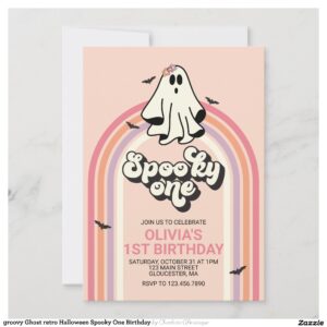 groovy Ghost retro Halloween Spooky One Birthday Invitation