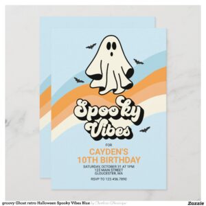 groovy Ghost retro Halloween Spooky Vibes Blue Invitation
