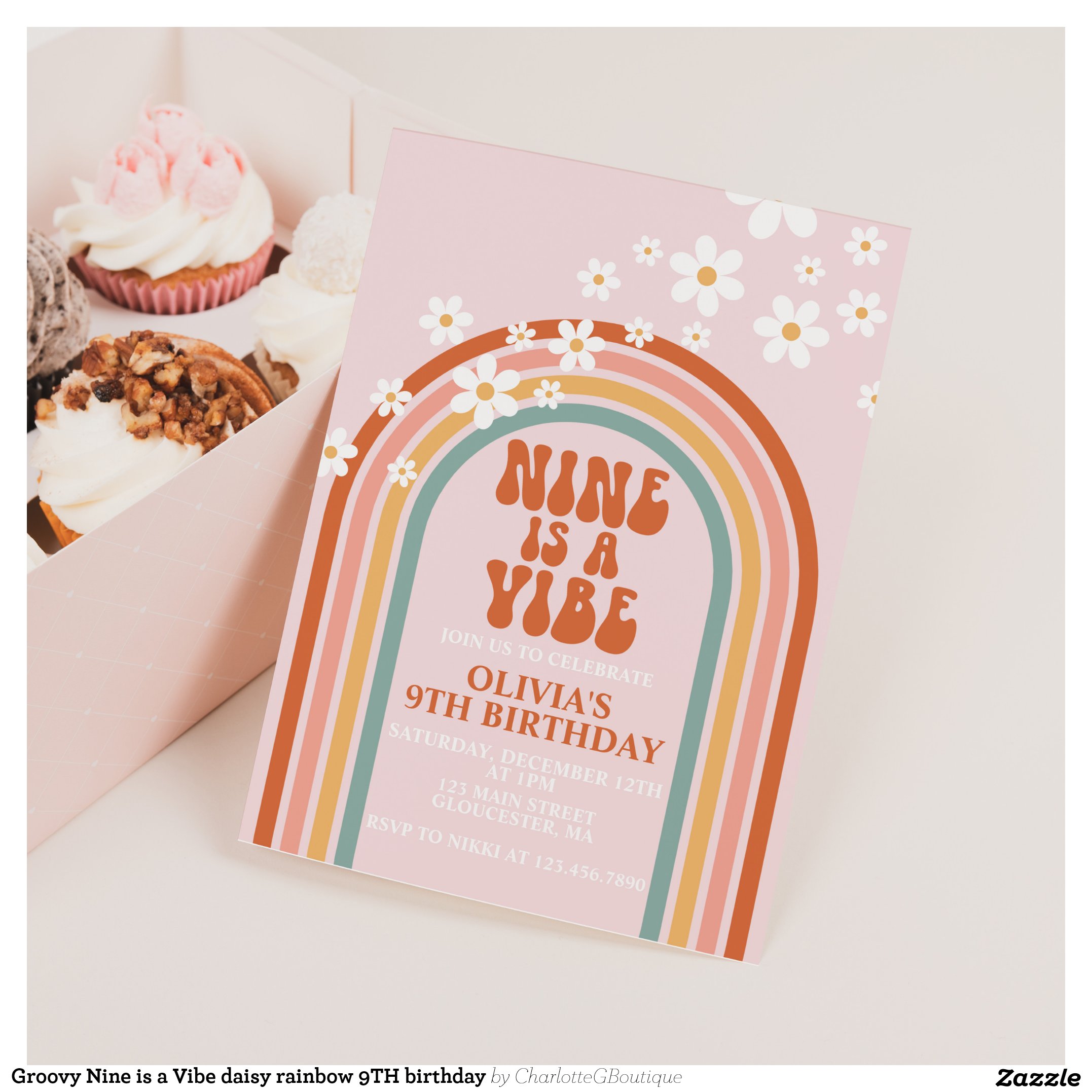 Groovy Nine is a Vibe daisy rainbow 9TH birthday Invitation