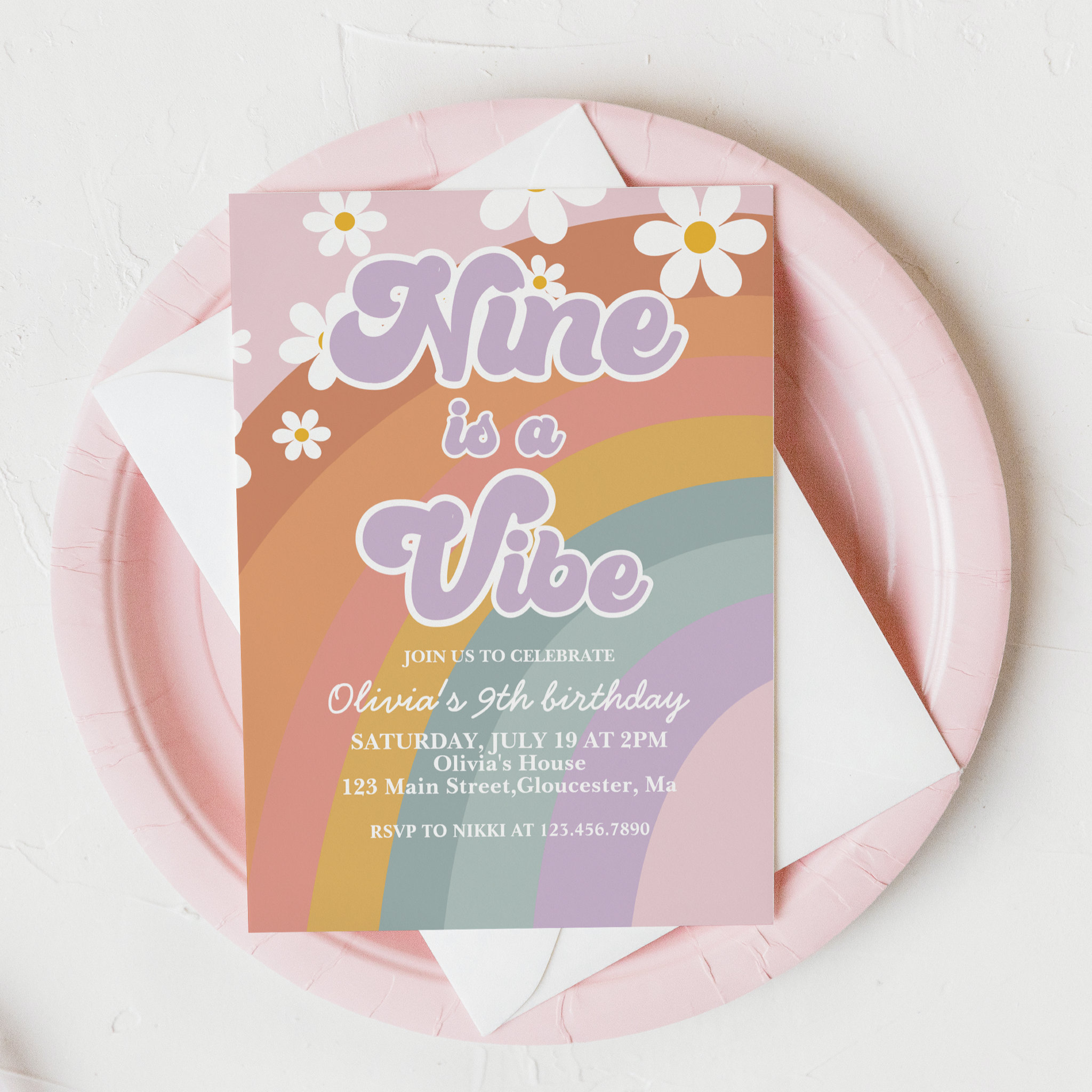 Groovy Nine is a vibe Retro Rainbow 9th Birthday Invitation
