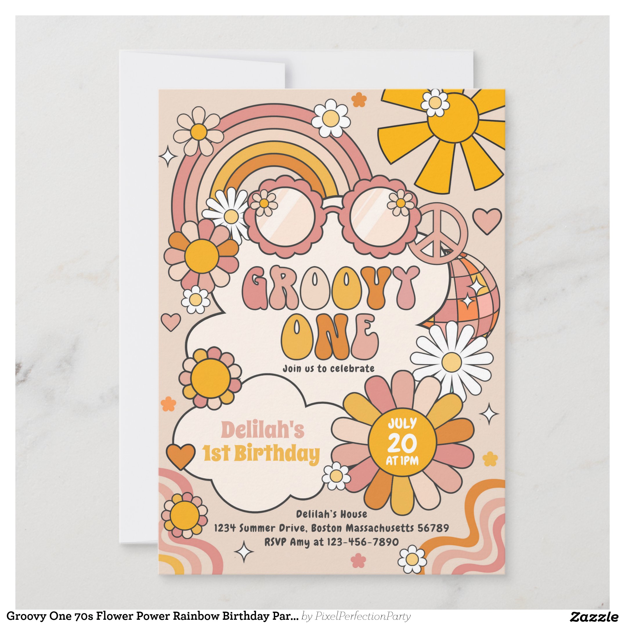 Groovy One 70s Flower Power Rainbow Birthday Party Invitation