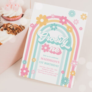 Groovy One Boho Daisy Rainbow 1st Birthday Party Invitation
