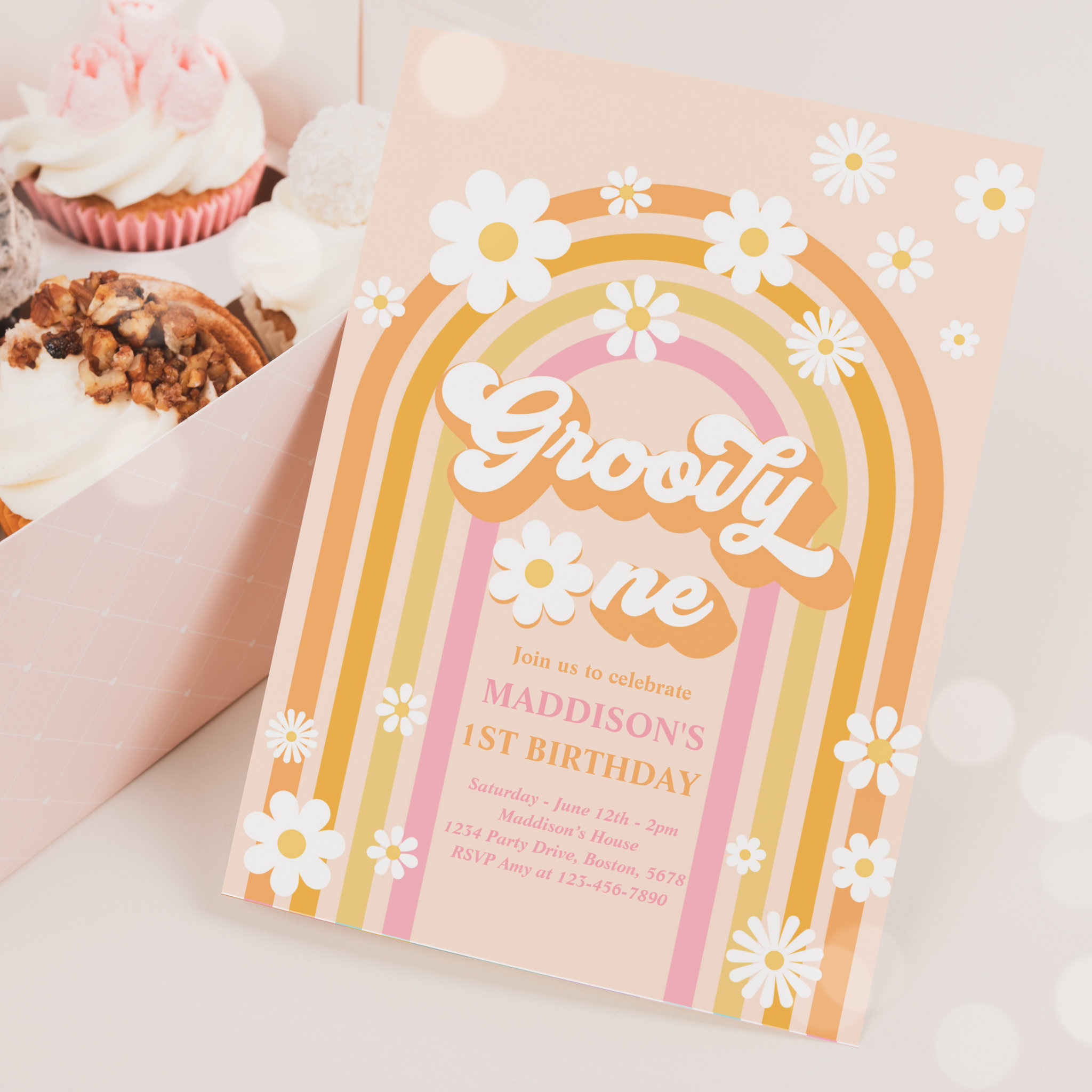 Groovy One Boho Daisy Rainbow 1st Birthday Party Invitation