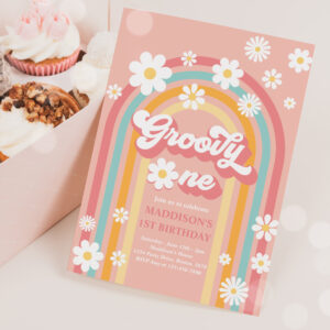 Groovy One Boho Daisy Rainbow 1st Birthday Party Invitation
