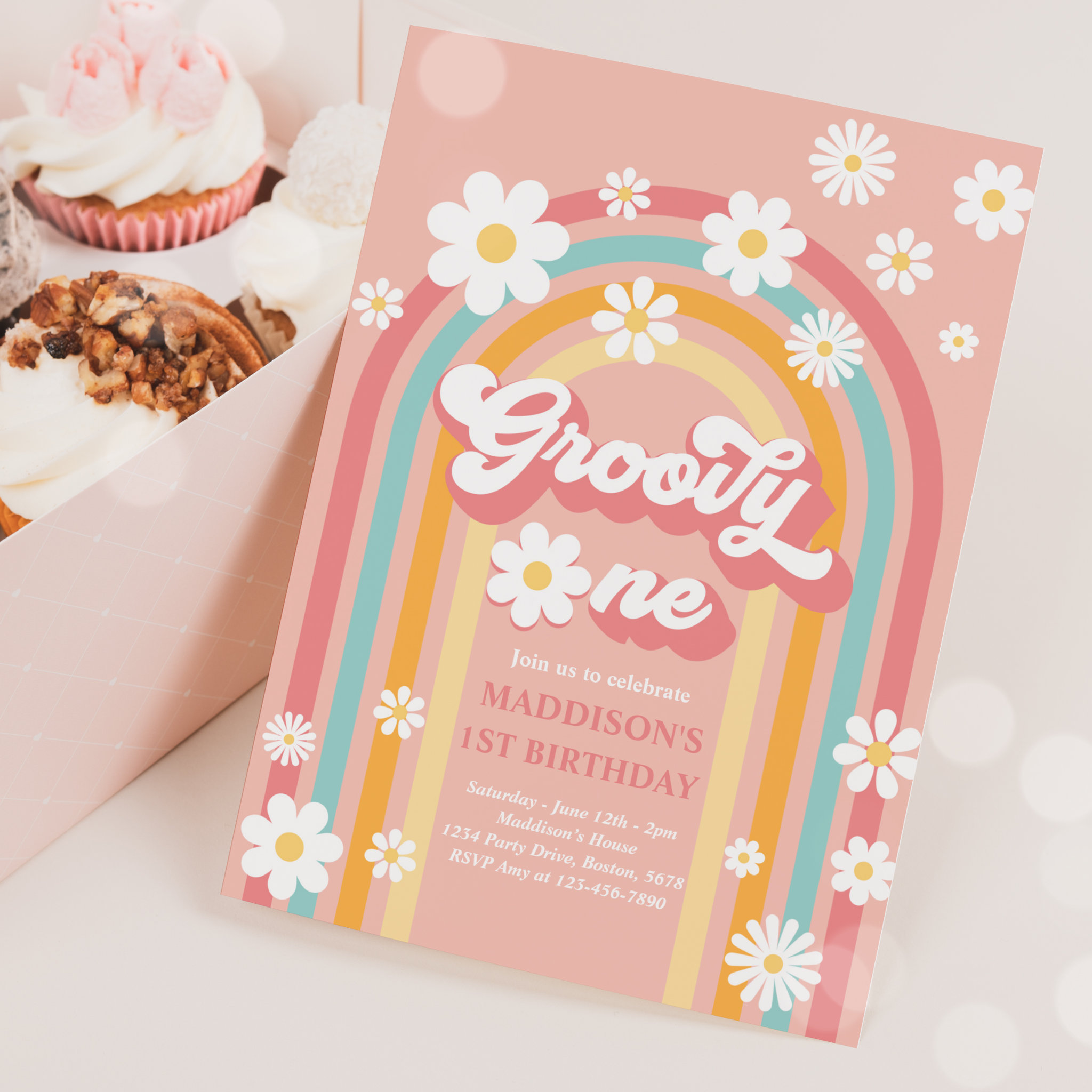 Groovy One Boho Daisy Rainbow 1st Birthday Party Invitation