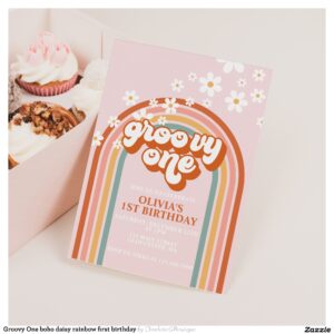 Groovy One boho daisy rainbow first birthday Invitation