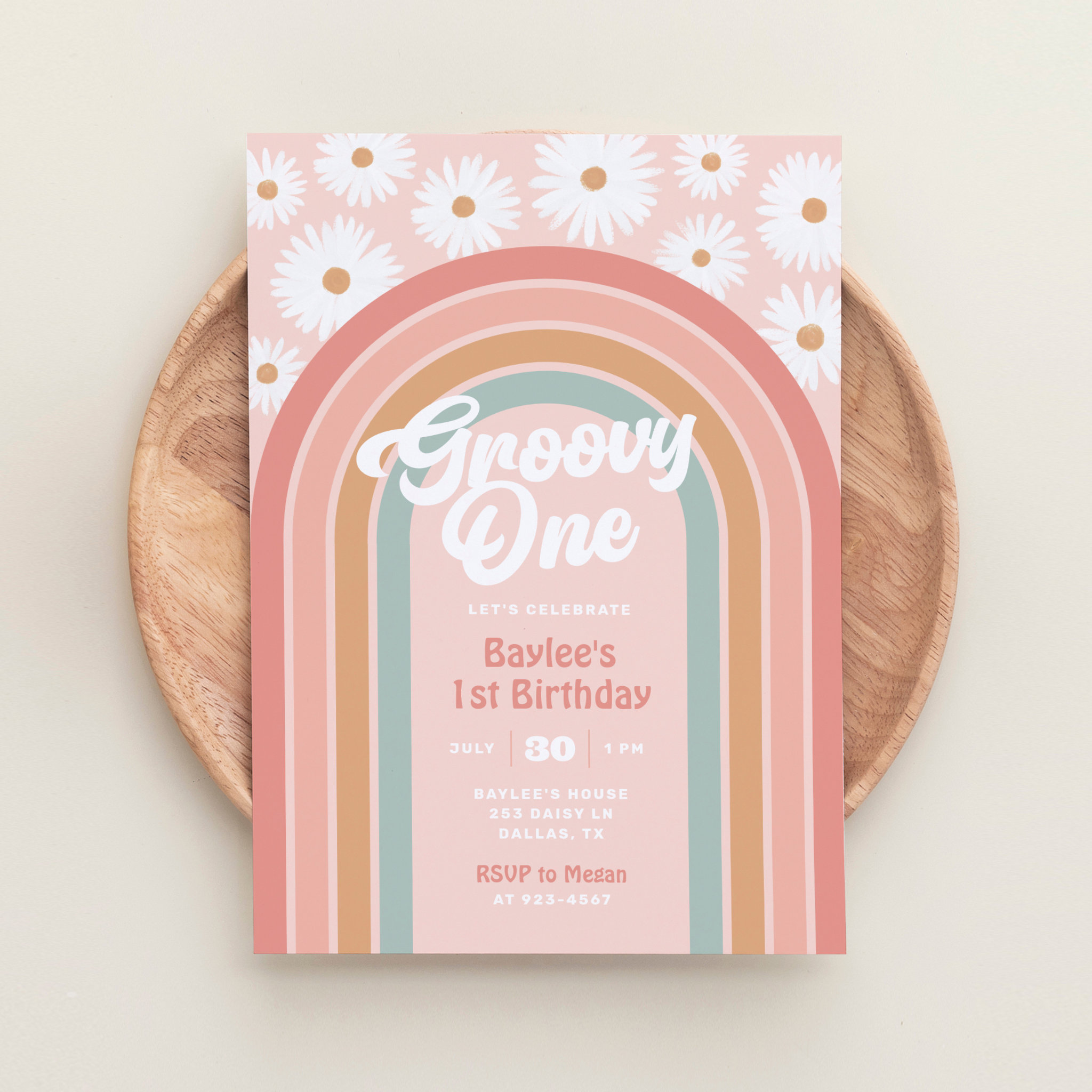 Groovy One Boho Retro Daisy 1st Birthday Party Invitation