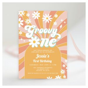 Groovy One Boho Retro Daisy Sunshine 1st Birthday Invitation