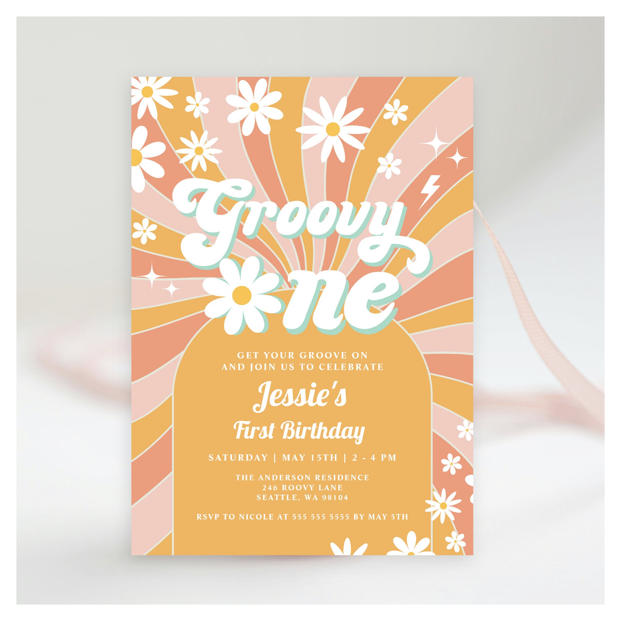 Groovy One Boho Retro Daisy Sunshine 1st Birthday Invitation